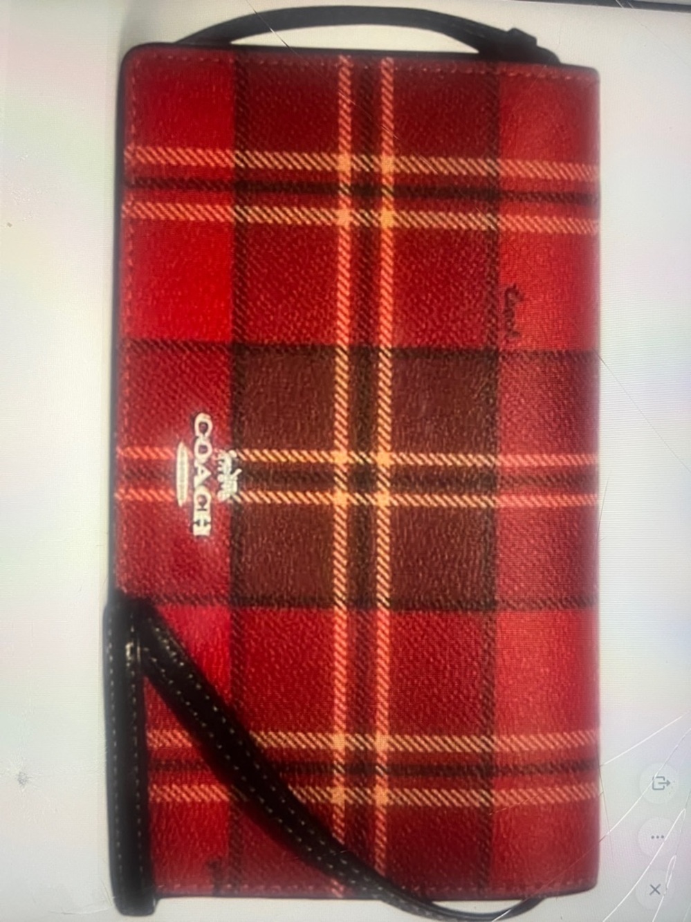 Coach Red Plaid Crossbody Wallet with Black Strap and Silver Logo.